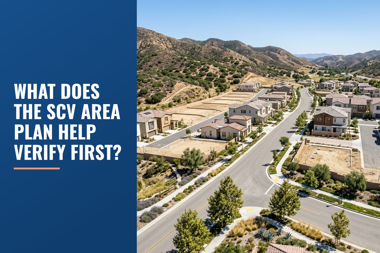 Aerial view of a Santa Clarita Valley suburban development with foothills, housing, and vacant lots under a clear blue sky.