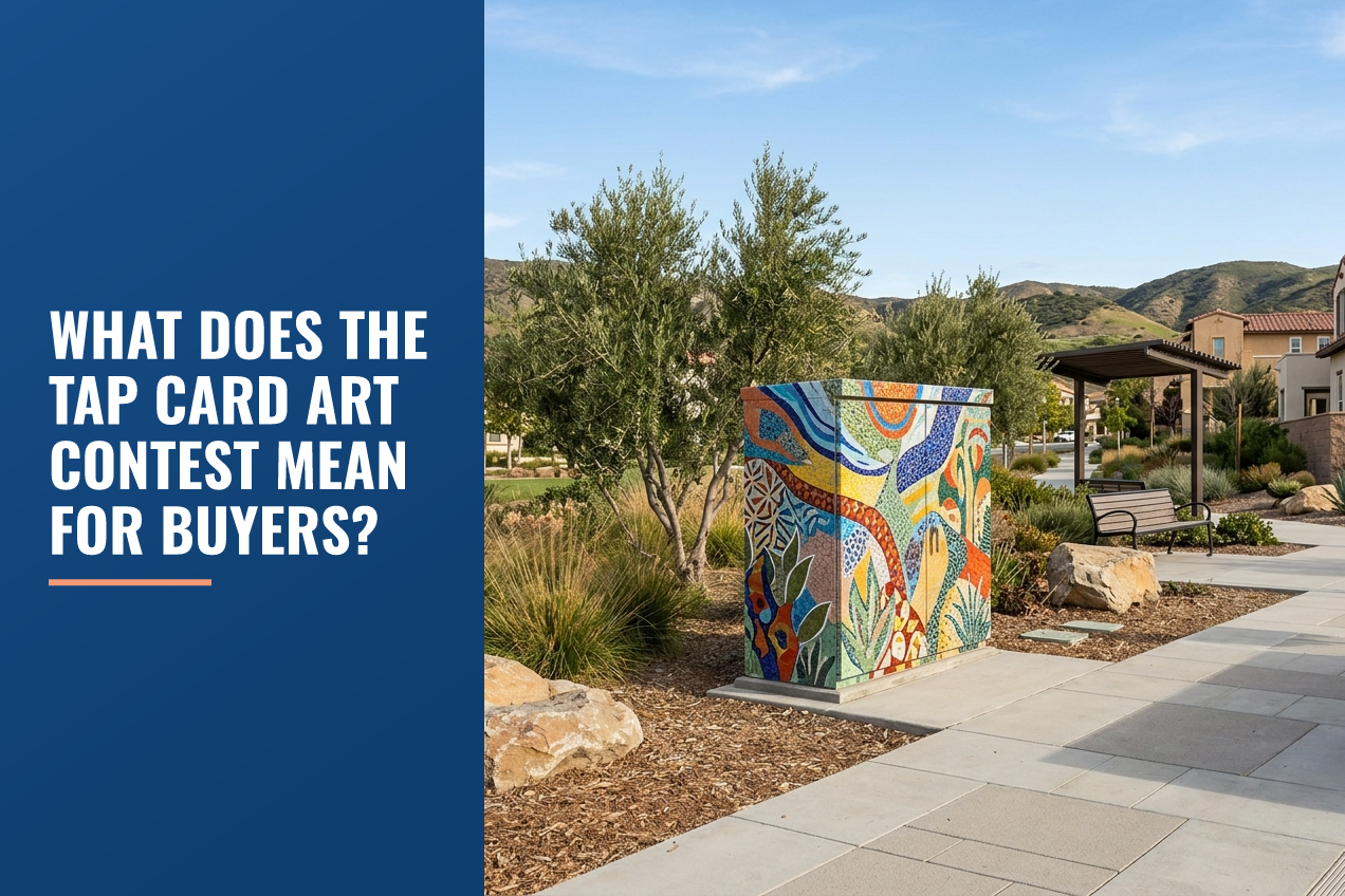 A brightly painted utility box with mosaic-style art stands along a concrete walkway in a Southern California neighborhood with foothills.