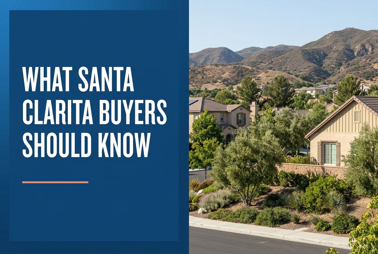 A deep blue panel with white text reads 'WHAT SANTA CLARITA BUYERS SHOULD KNOW' over a scene of suburban homes with hills in the background.