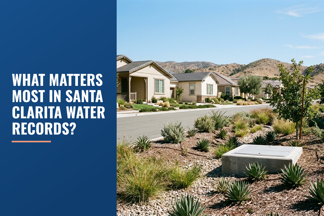 A quiet suburban street in Santa Clarita with drought-tolerant landscaping and a concrete utility box in the foreground.