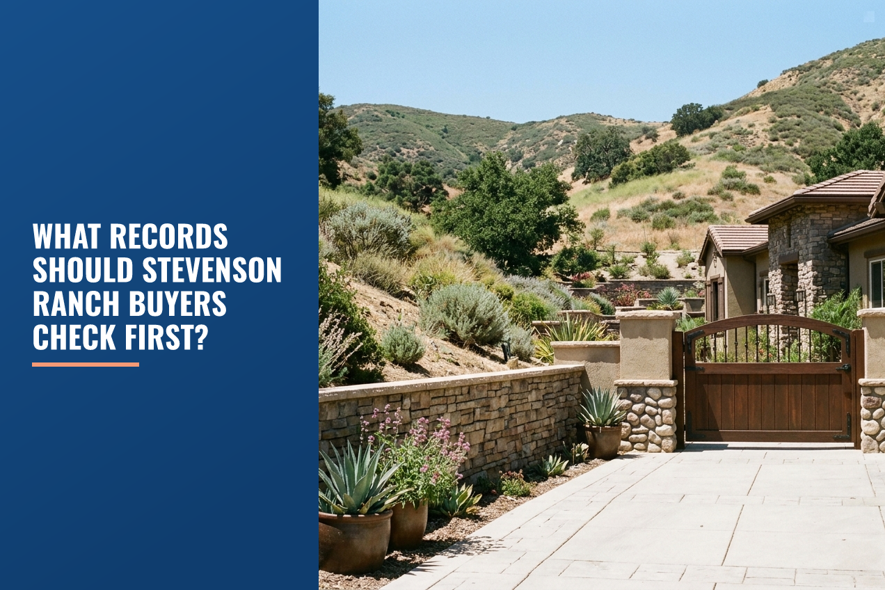 A stucco home with a wooden gate and stone accents, set against dry, rolling foothills with native, drought-tolerant landscaping.