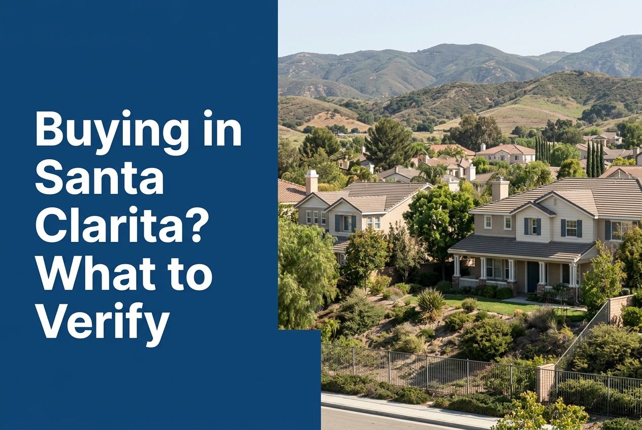 Split image showing a deep blue panel with white text 'Buying in Santa Clarita? What to Verify' and a view of Santa Clarita suburban homes.