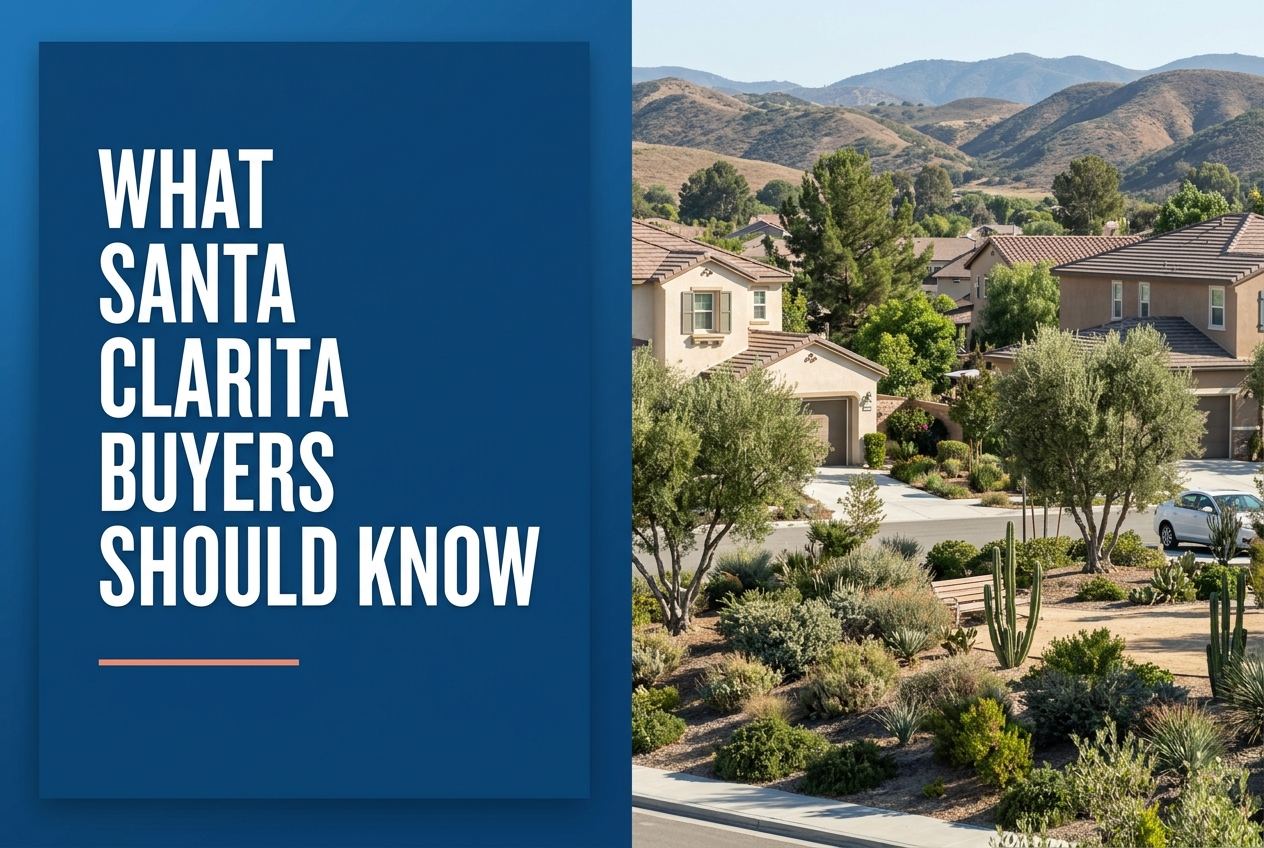 A split-panel blog cover with a deep blue left side featuring white text 'WHAT SANTA CLARITA BUYERS SHOULD KNOW' and a photorealistic SCV neighborhood.