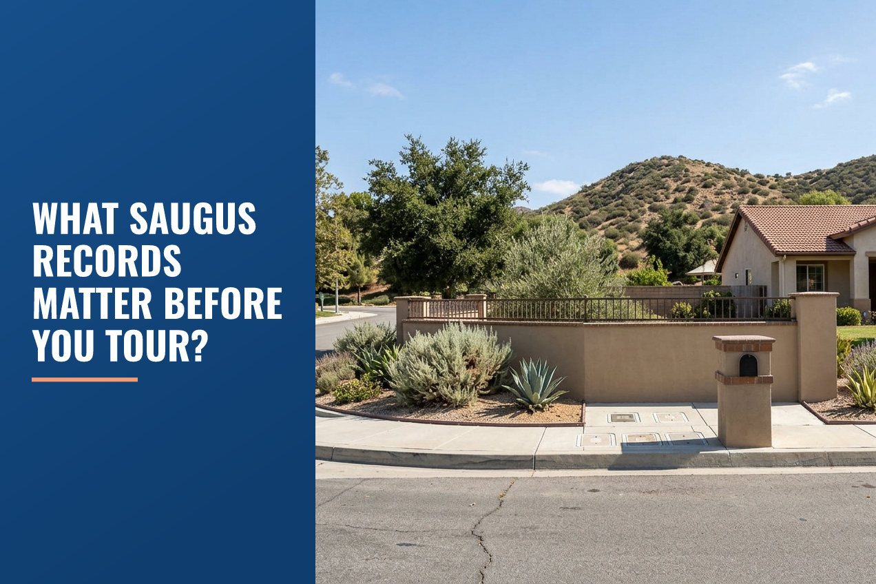 A Saugus-style suburban street corner with drought-tolerant landscaping, utility access panels, a masonry wall, and foothills in the distance.