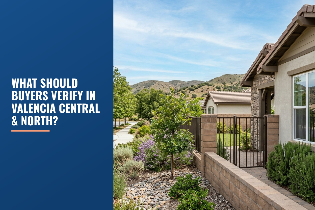 A view of a house in the Santa Clarita Valley with drought-tolerant landscaping, a stone wall, metal gate, and foothills in the background.