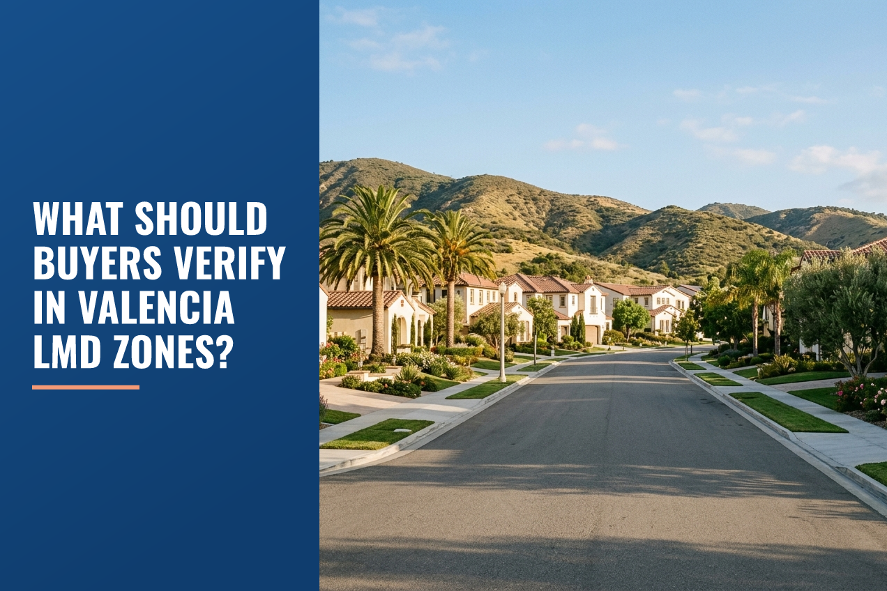 A quiet residential street in Santa Clarita Valley featuring stucco homes with tiled roofs, palm trees, and rolling foothills under clear sky.