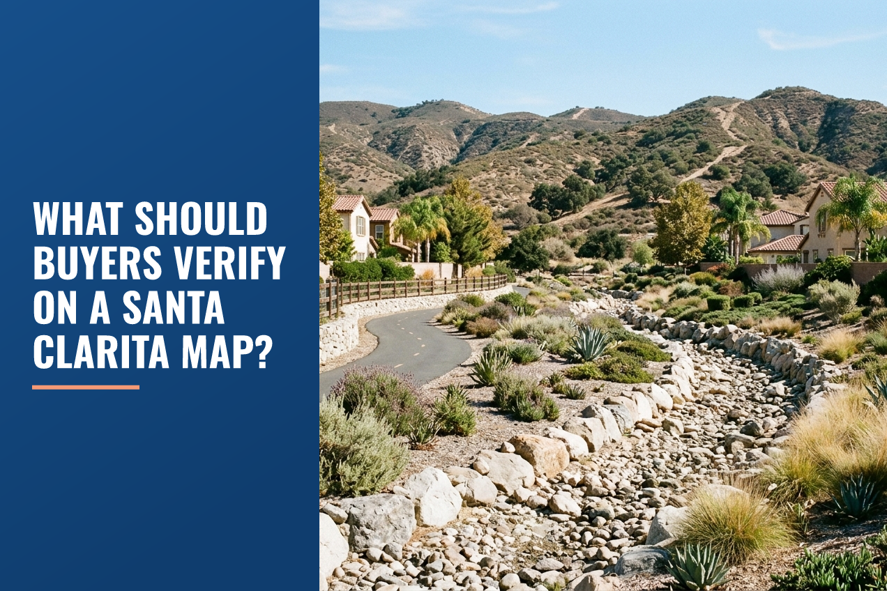 A paved path runs alongside a rocky drainage bed with drought-tolerant plants and Santa Clarita style hills and homes in the background.