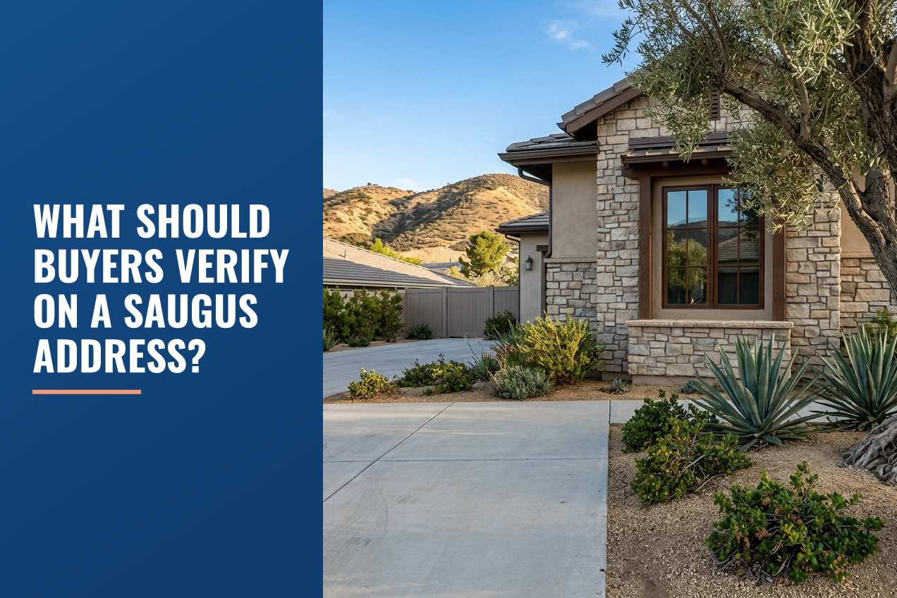 A modern stone-veneer house in Saugus, CA with drought-tolerant landscaping, olive trees, agave, and dry foothills in the background.