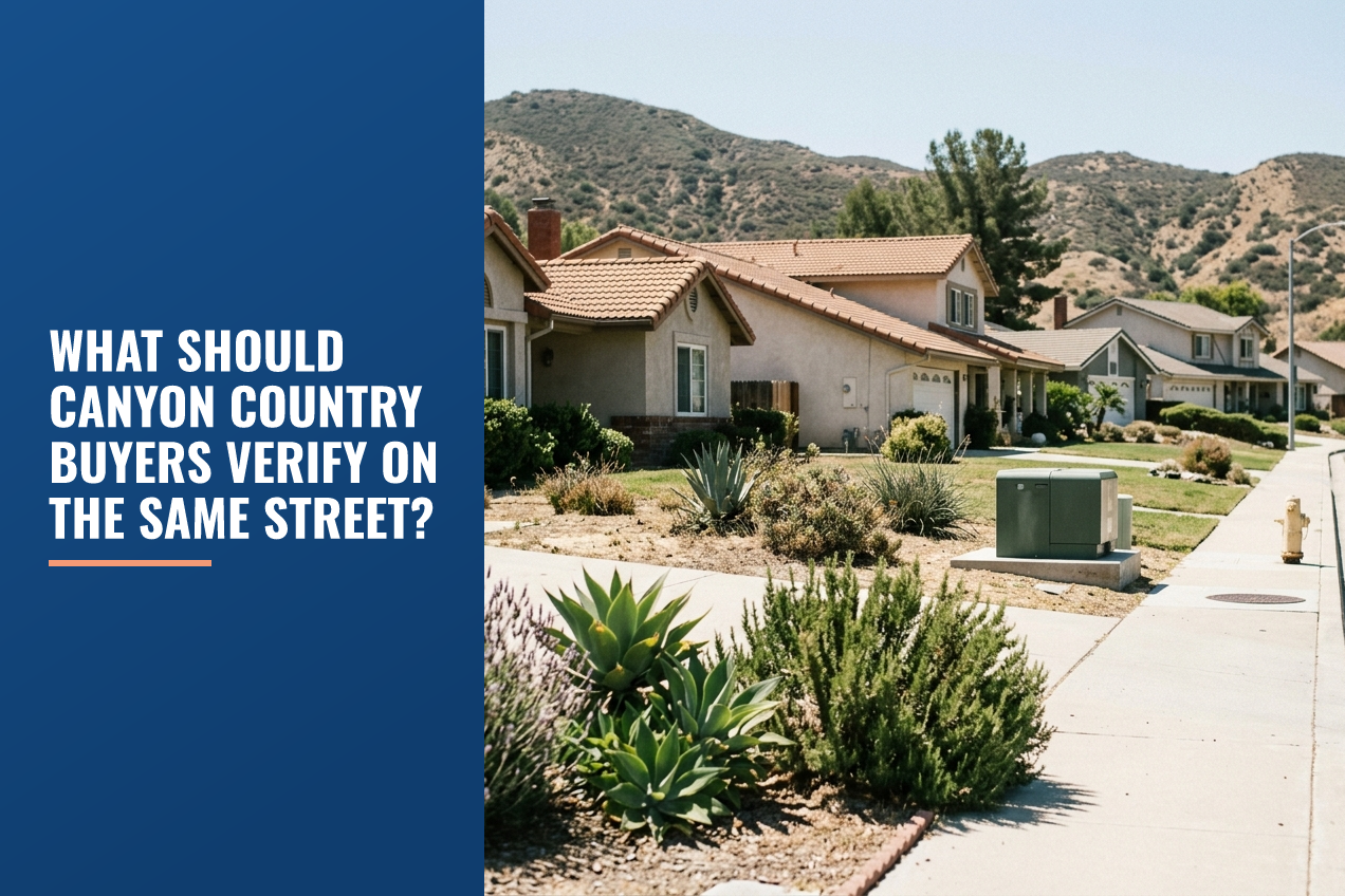 A suburban street in the Santa Clarita Valley featuring tile-roofed homes, drought-tolerant landscaping, and foothills under clear daylight.