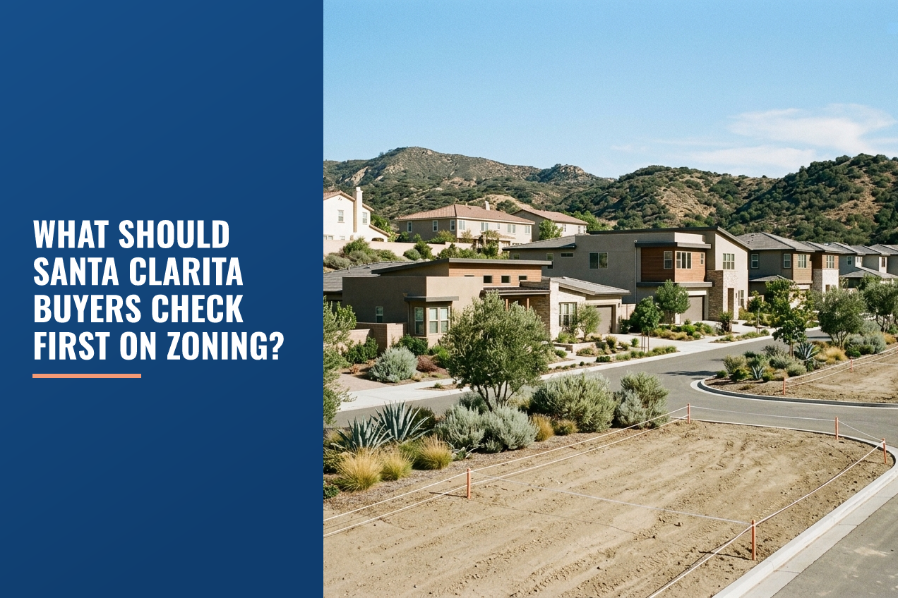 Residential street in Santa Clarita with foothills in background, showing modern homes and staked vacant lots representing zoning.