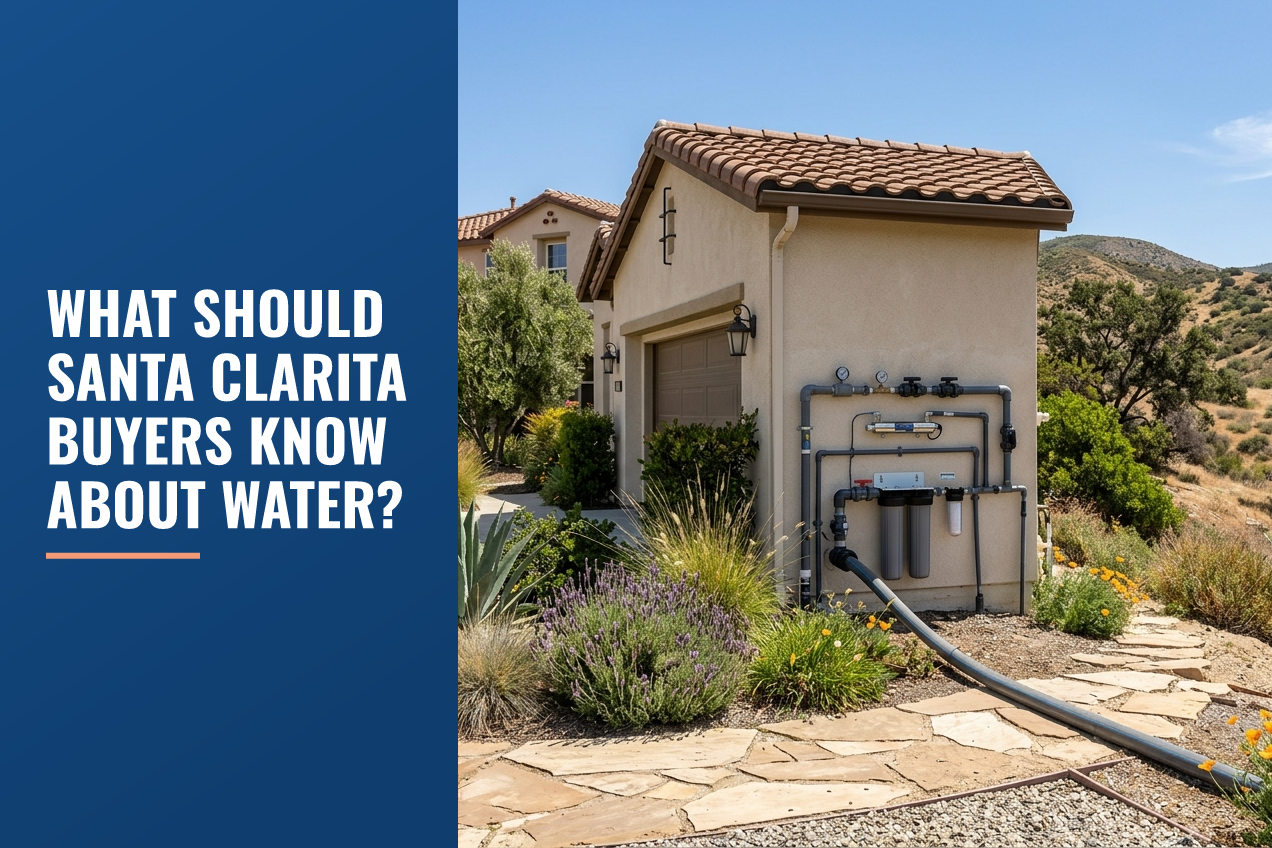 A house with a water filtration system mounted on an exterior wall, drought-tolerant landscaping, and Santa Clarita Valley foothills.