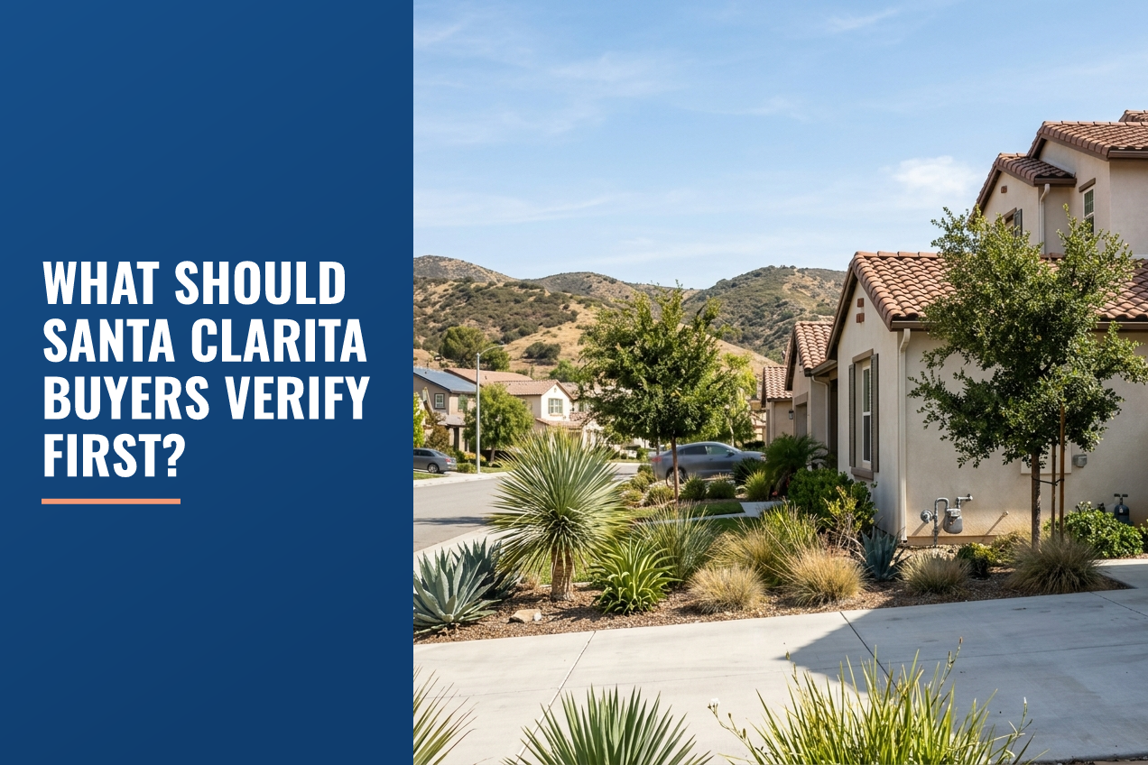 A suburban street in Santa Clarita with stucco homes, drought-tolerant landscaping, and rolling brown foothills under a clear blue sky.