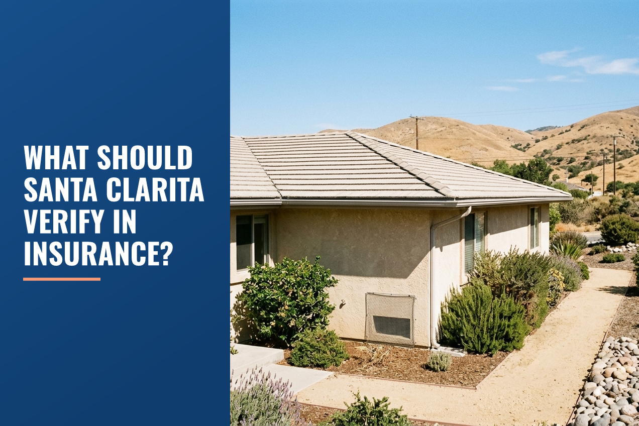 A stucco home with a tiled roof near drought-tolerant landscaping and dry foothills in the Santa Clarita Valley under clear blue sky.