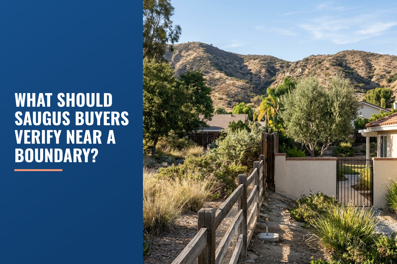 A wooden boundary fence separating residential property from dry foothills in Saugus, featuring drought-tolerant landscaping.