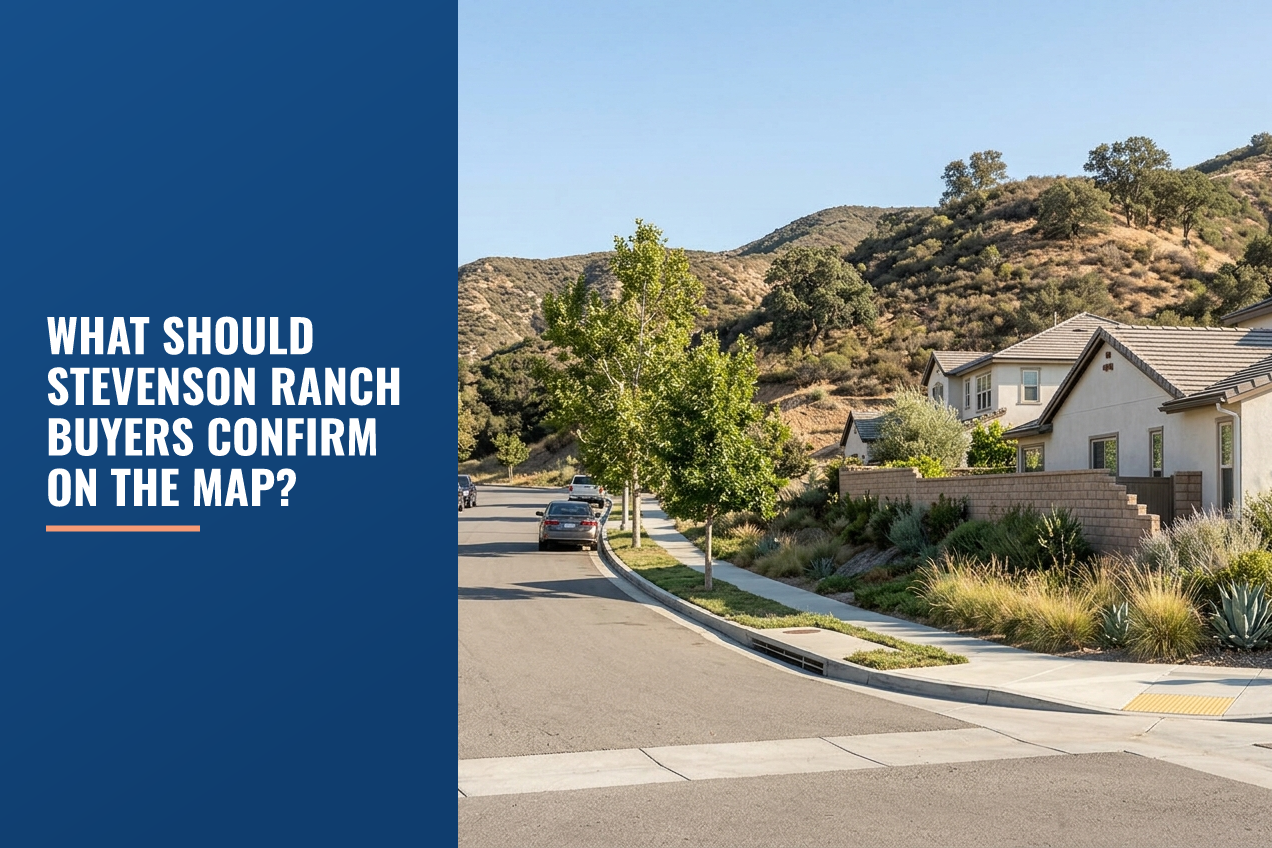 Residential street in Santa Clarita Valley with stucco homes, drought-tolerant landscaping, and backdrop of natural foothills.