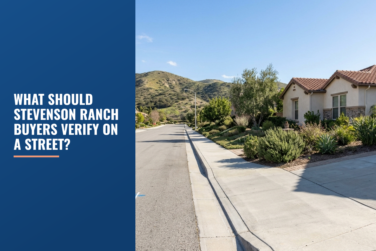 Street view of a Stevenson Ranch residential area with drought-tolerant landscaping and foothills under a clear blue sky.