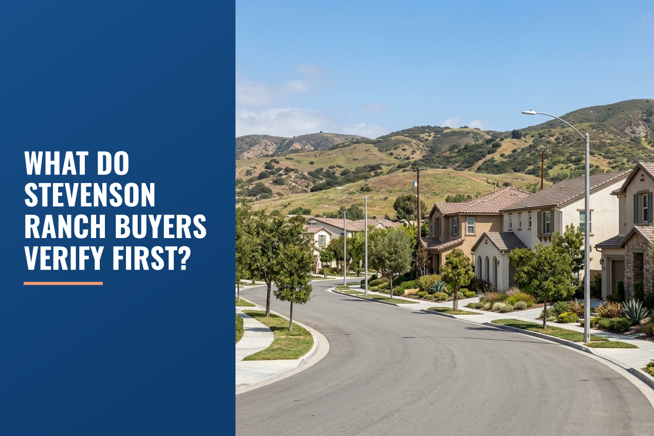 A quiet residential street in Stevenson Ranch, California, with modern suburban homes, drought-tolerant landscaping, and rolling hills.