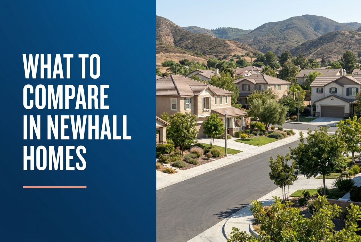 A split-screen graphic with white text on a blue background reading What to Compare in Newhall Homes next to a photo of Santa Clarita houses.