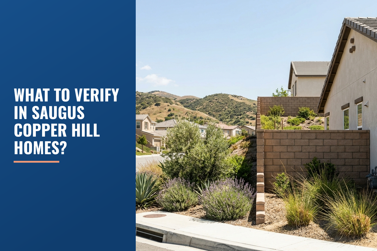 A suburban street in Saugus, CA with drought-tolerant landscaping, concrete masonry walls, stucco homes, and backdrop of dry, rolling foothills.