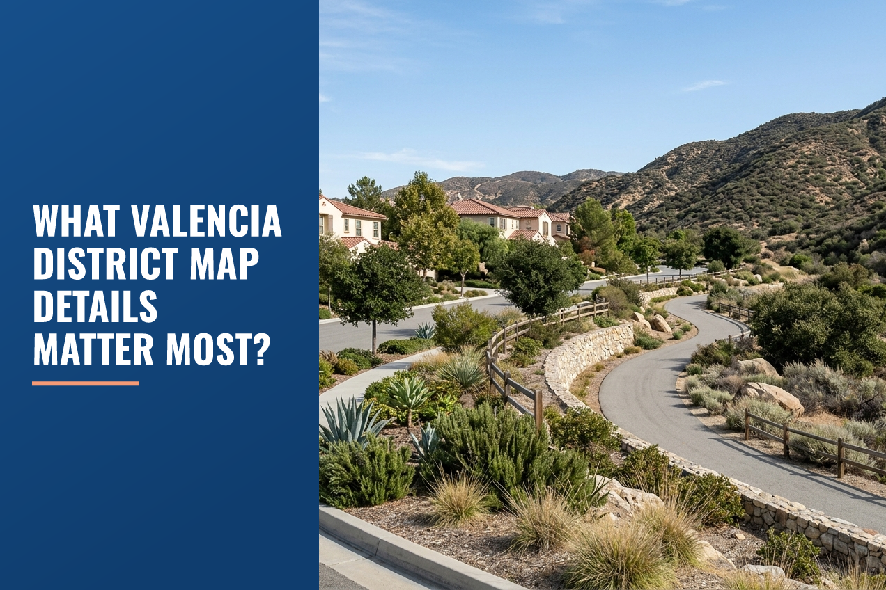 A Santa Clarita residential street next to a winding paved trail, drought-tolerant landscaping, stone walls, and rolling foothills.