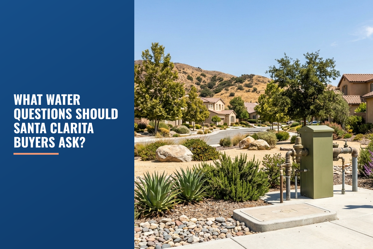 A drought-aware landscape in a Santa Clarita neighborhood featuring a utility box and water infrastructure with dry foothills in the background.