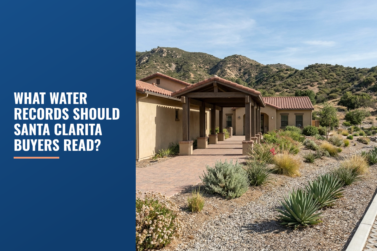 A stucco home with a covered walkway and drought-tolerant landscaping against dry, rolling Santa Clarita foothills under a blue sky.