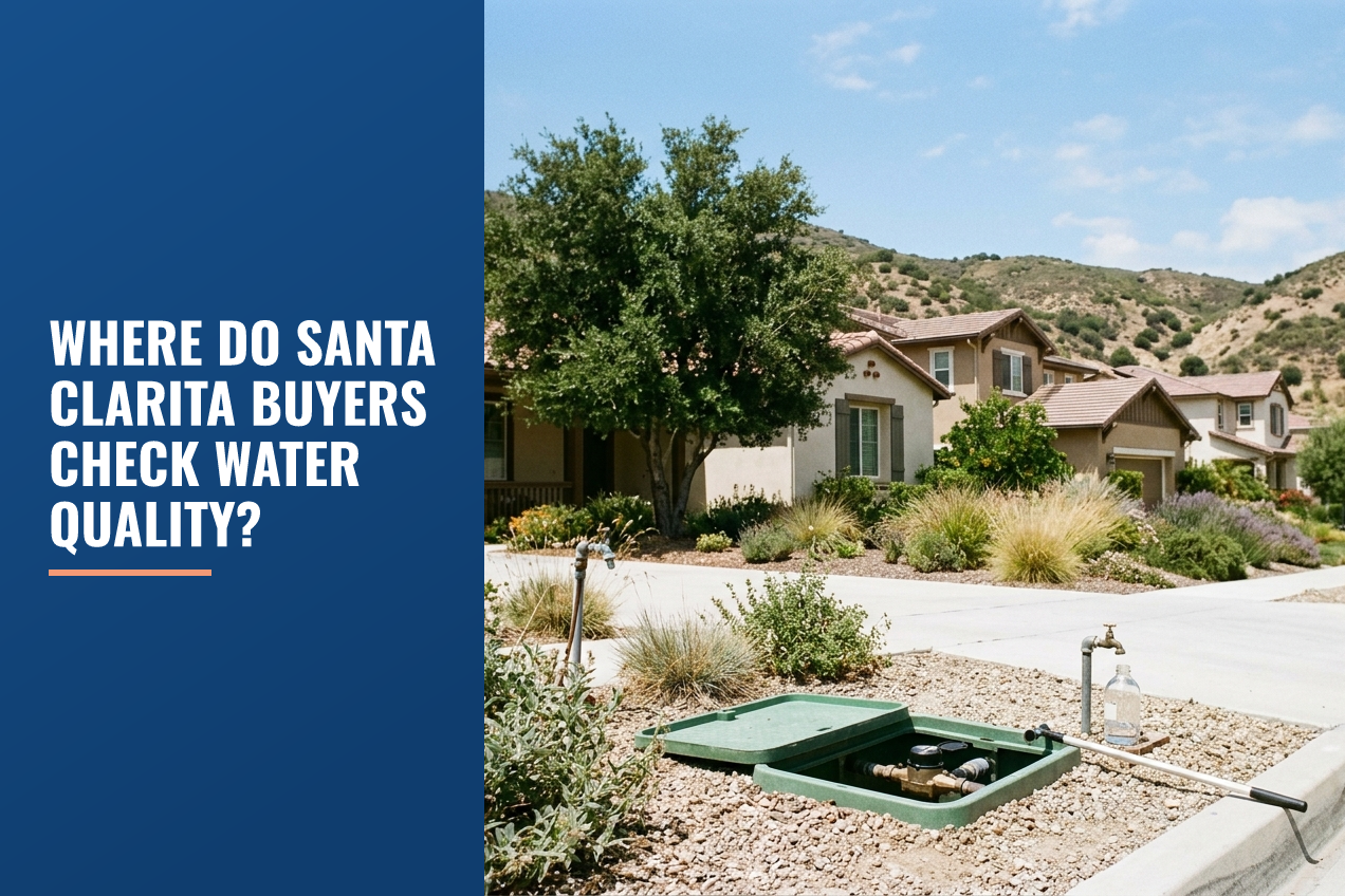 An open residential water meter box in a front yard with drought-tolerant landscaping and Santa Clarita-style suburban homes.