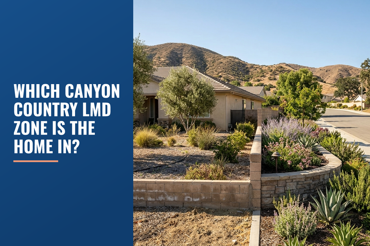 A quiet residential street in Canyon Country featuring a drought-tolerant front garden with native landscaping, stone walls, and dry hills.