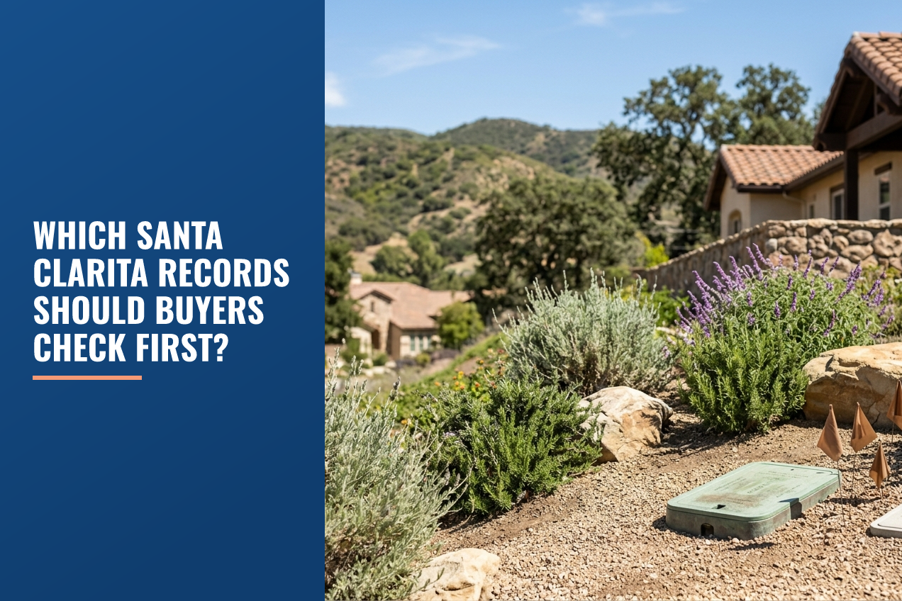 A Santa Clarita landscape with native plants, foothills, a residential home, and utility access covers representing property record checks.