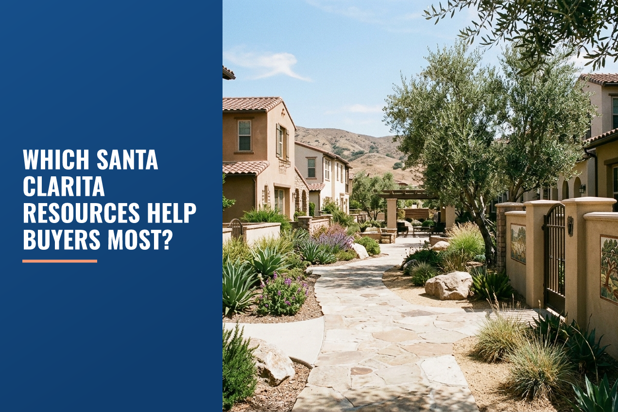 A scenic walkway through a drought-tolerant Southern California residential area with tile wall accents and foothill views.