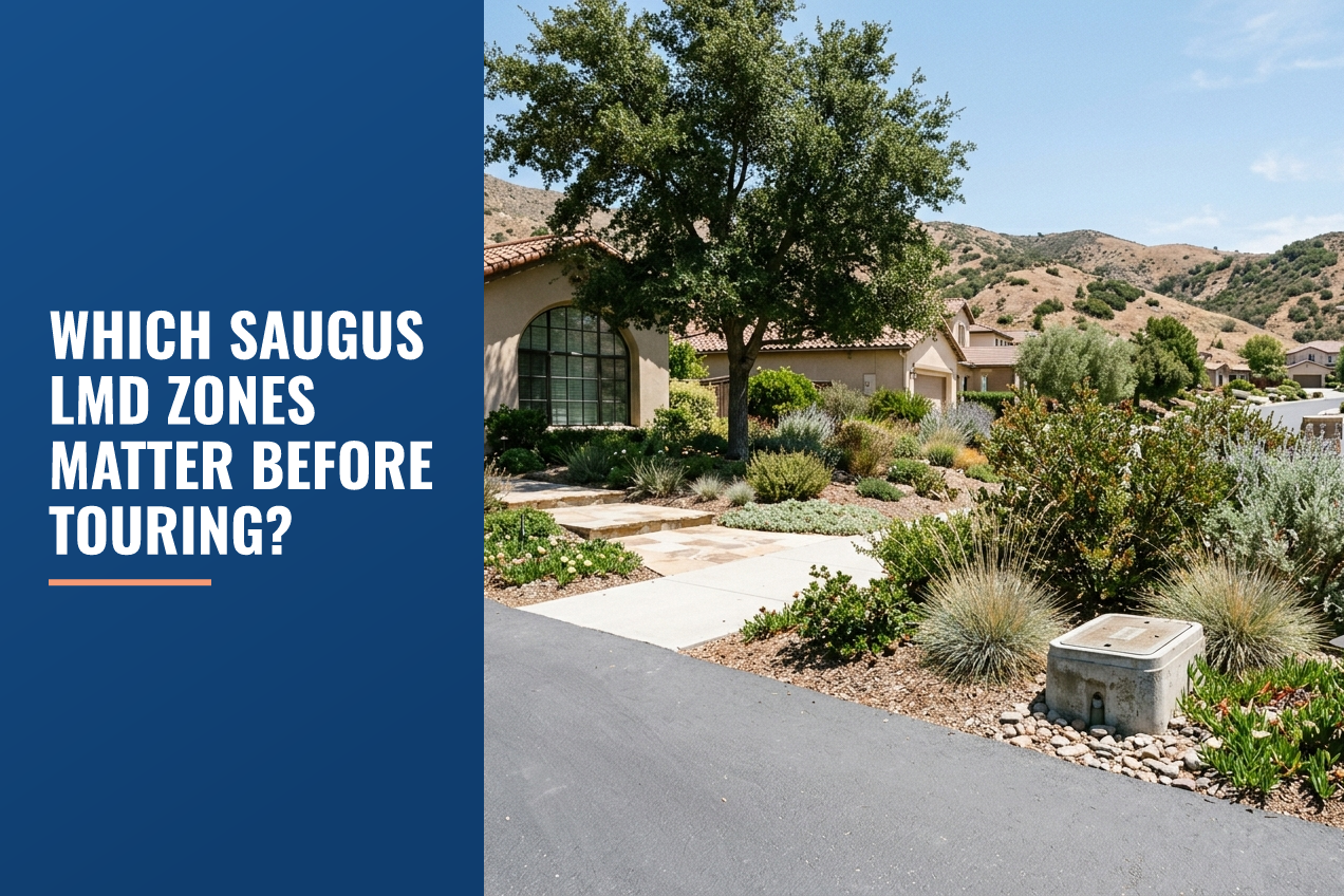 A Saugus residential street with drought-tolerant landscaping, showing a concrete utility box as a detail near a house and hills.