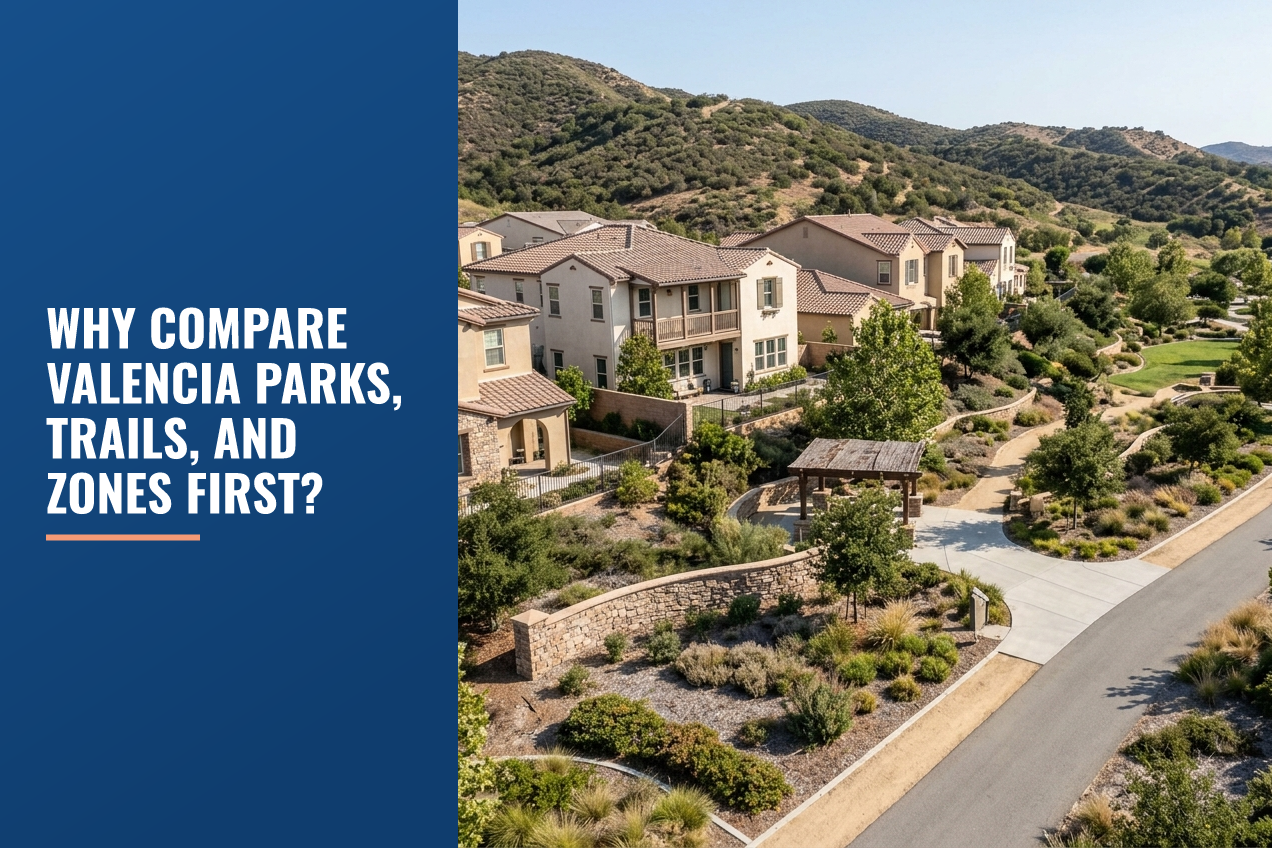 Aerial view of Valencia, California residential neighborhood with Spanish-style homes, a public walking trail, and foothills in the background.