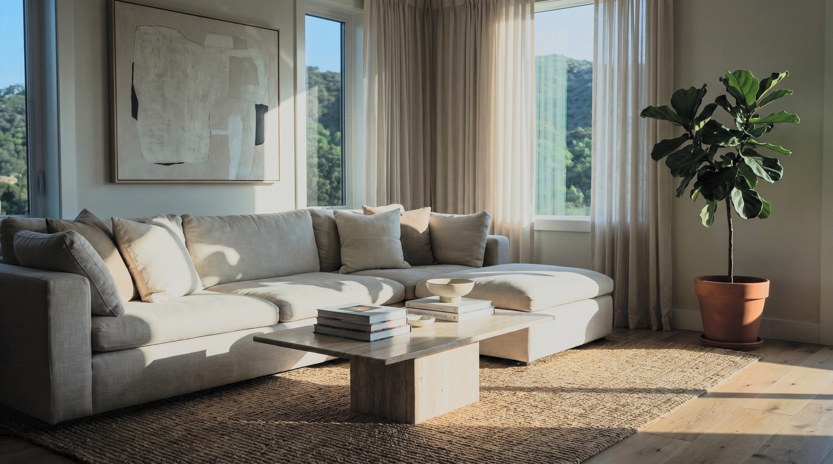 A living room staged and ready for listing photography, with light oak floors and tall windows