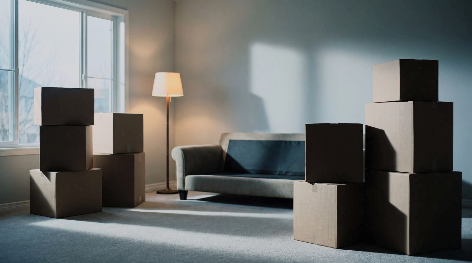 A living room mid-move, with boxes stacked on opposite sides