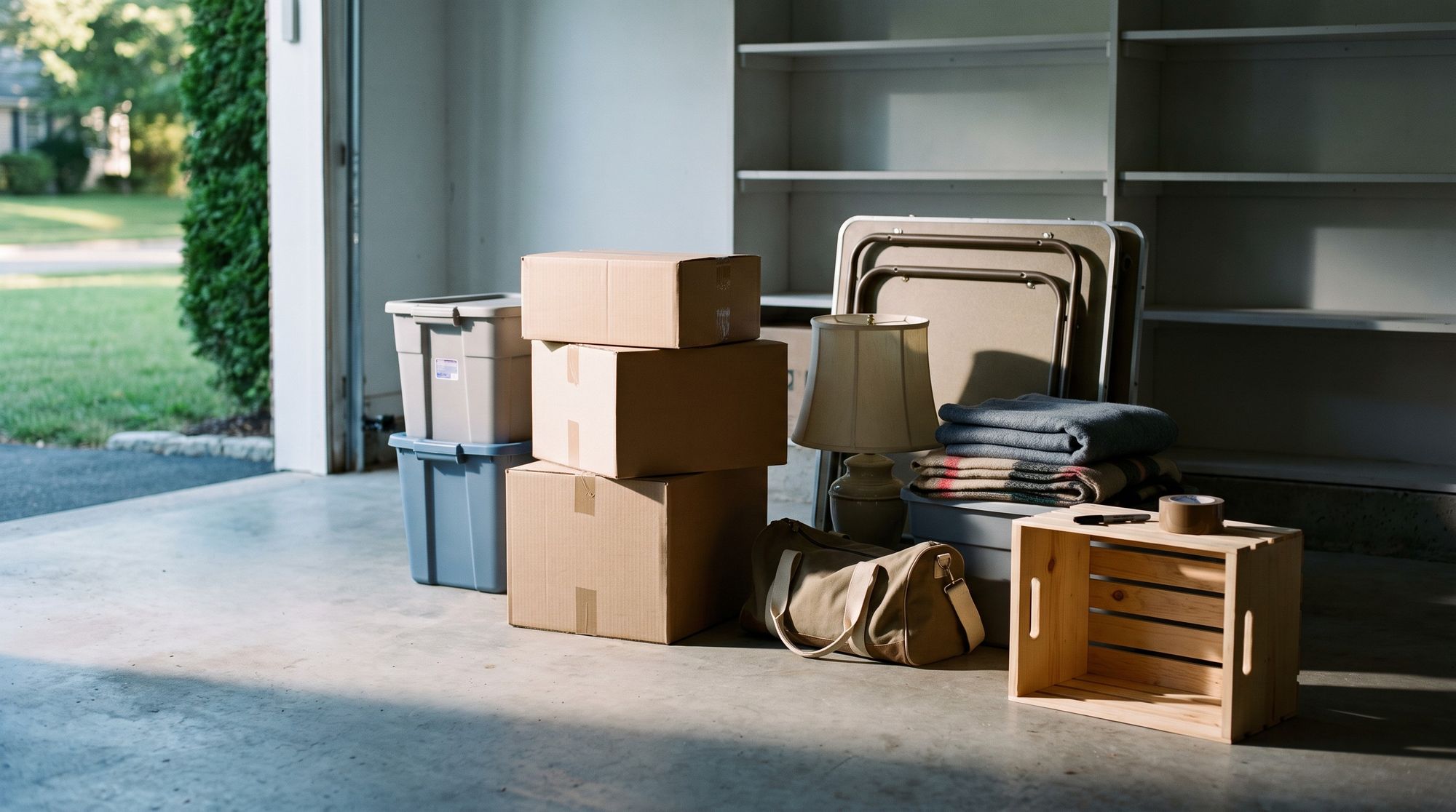 A garage sorted into a keep pile and a let-go pile before a move