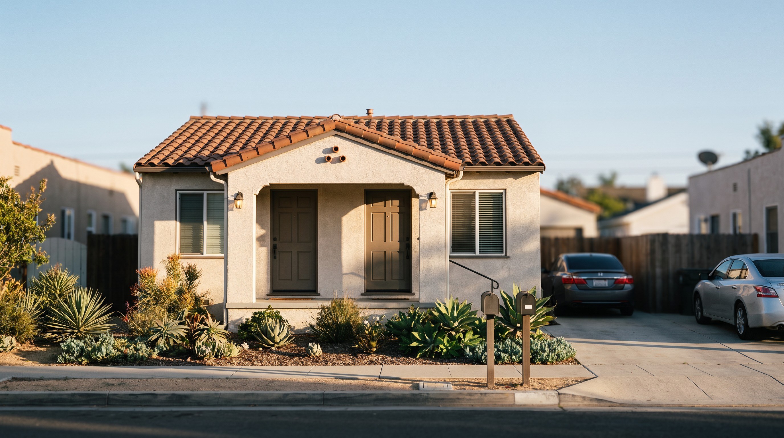 A hand holding house keys in front of a small residential property