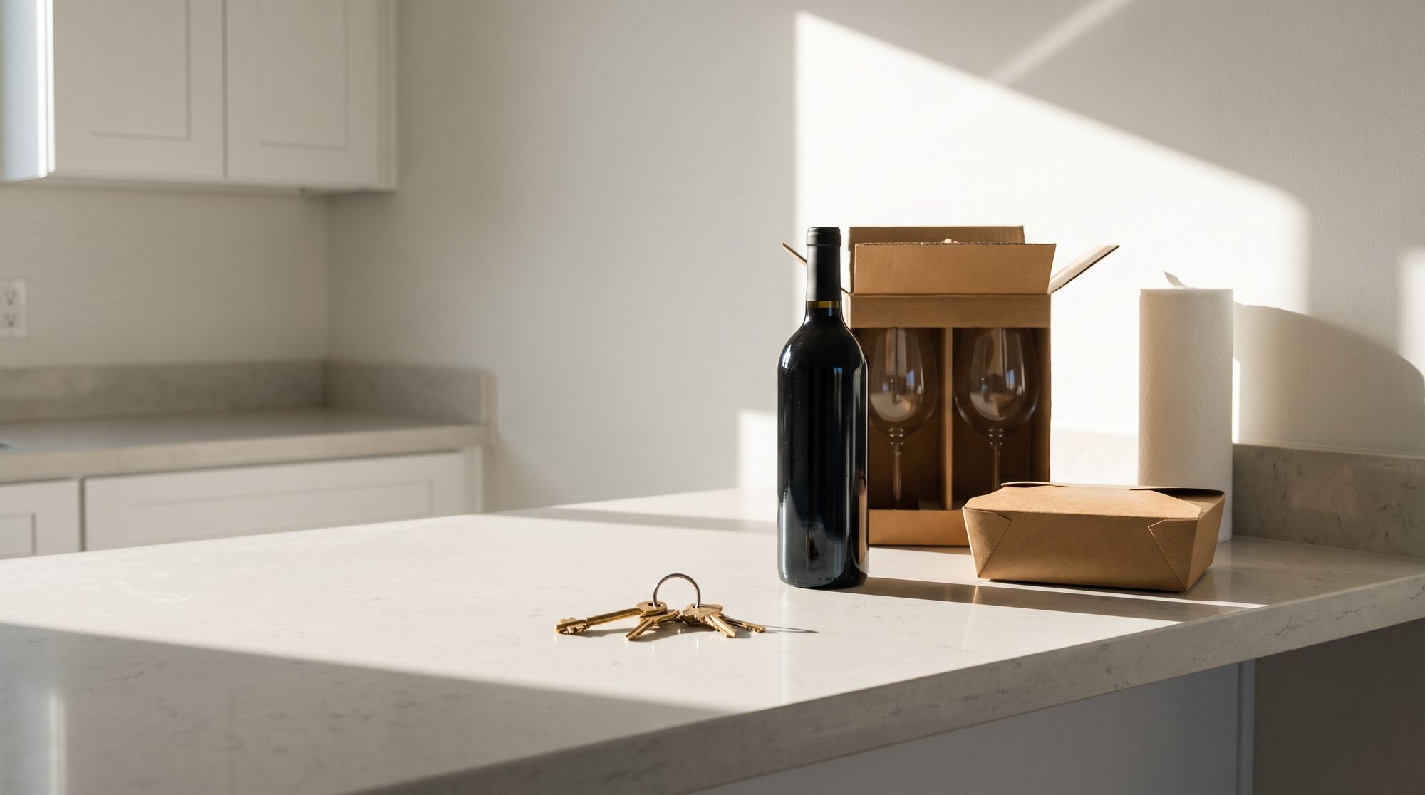 House keys on a kitchen counter beside an unopened bottle of wine on move-in night