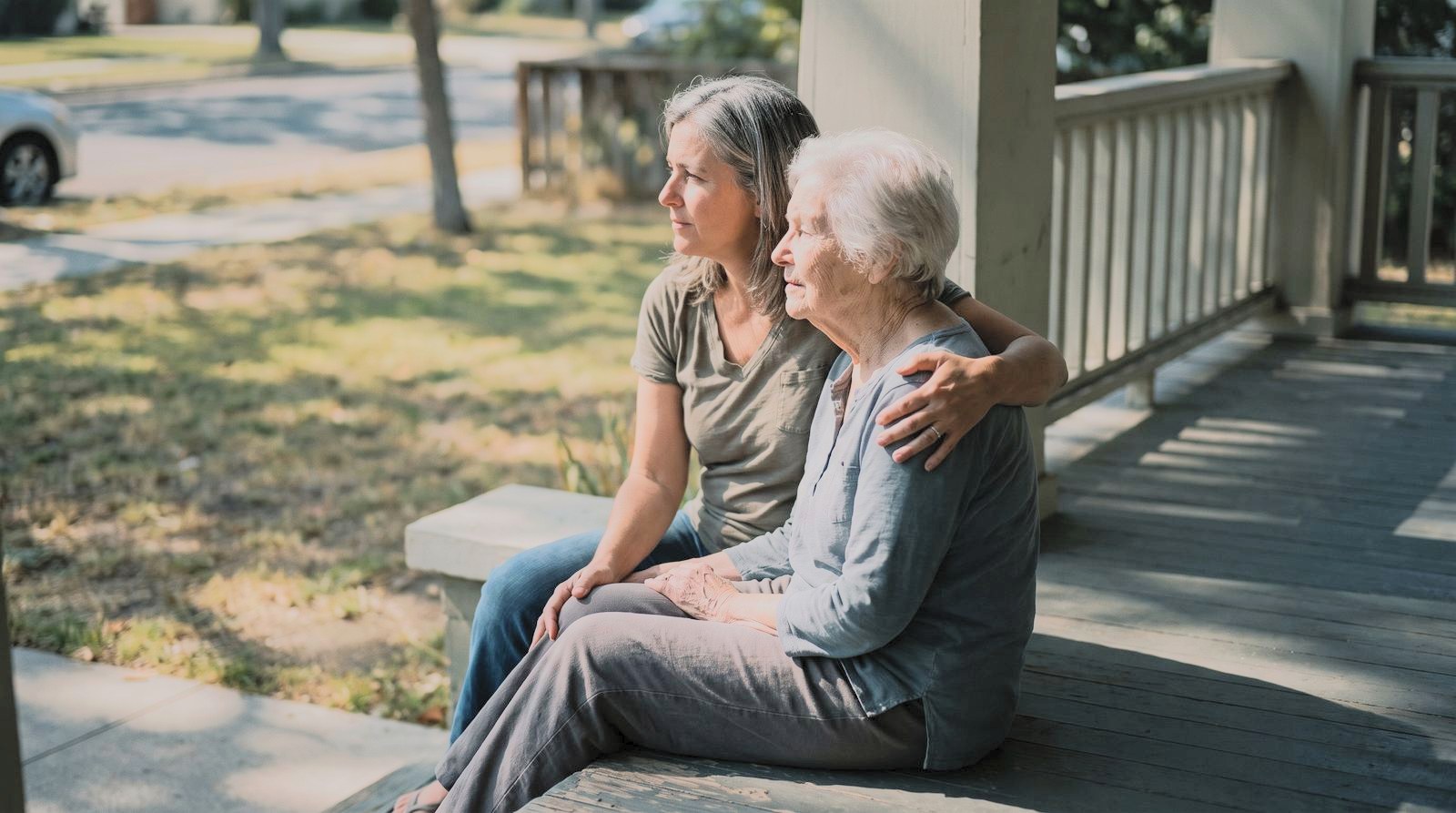 An adult daughter sitting with her elderly mother on a front porch